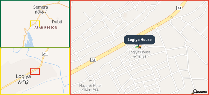 Map showing the address of Logiya House in three different zoom levels.