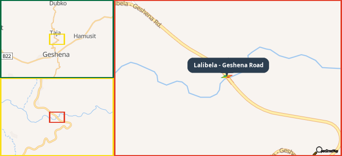 Map showing the address of Lalibela - Geshena Road in three different zoom levels.