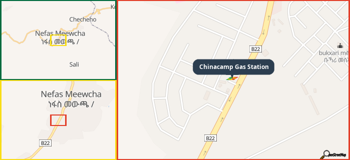 Map showing the address of Chinacamp Gas Station in three different zoom levels.