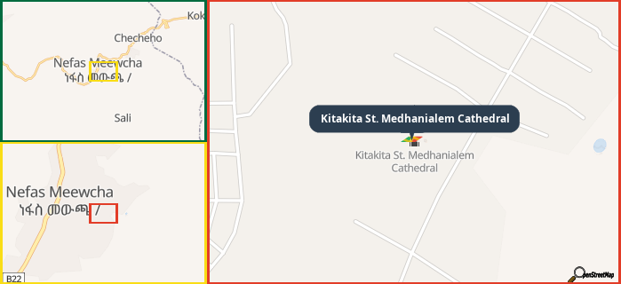 Map showing the address of Kitakita St. Medhanialem Cathedral in three different zoom levels.