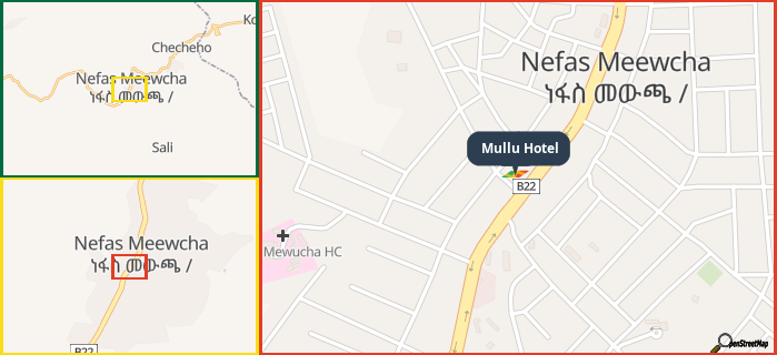 Map showing the address of Mullu Hotel in three different zoom levels.