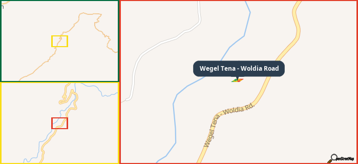 Map showing the address of Wegel Tena - Woldia Road in three different zoom levels.