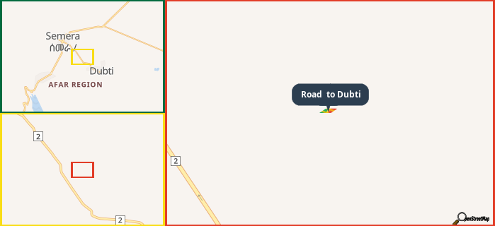 Map showing the address of Road  to Dubti in three different zoom levels.