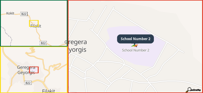 Map showing the address of School Number 2 in three different zoom levels.