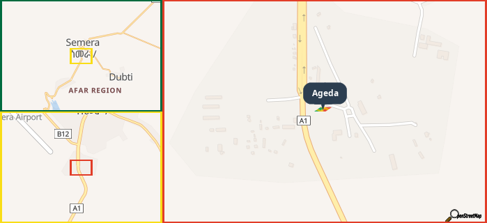 Map showing the address of Ageda in three different zoom levels.