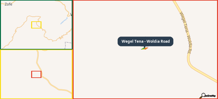 Map showing the address of Wegel Tena - Woldia Road in three different zoom levels.