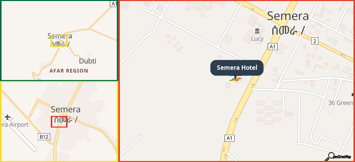 Map showing the address of Semera Hotel in three different zoom levels.