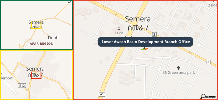 Map showing the address of Lower Awash Basin Development Branch Office in three different zoom levels.