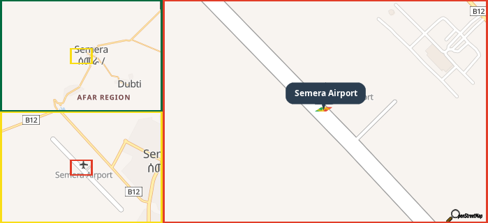 Map showing the address of Semera Airport in three different zoom levels.