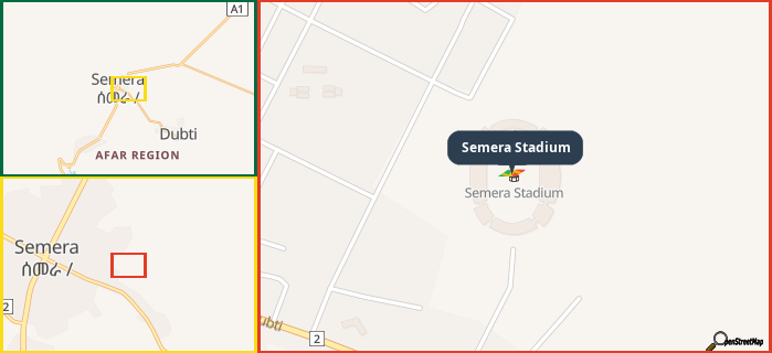Map showing the address of Semera Stadium in three different zoom levels.