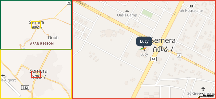 Map showing the address of Lucy in three different zoom levels.