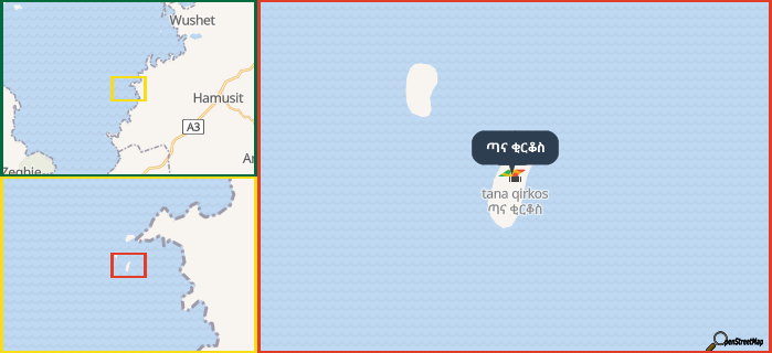 Map showing the address of ጣና ቂርቆስ in three different zoom levels.