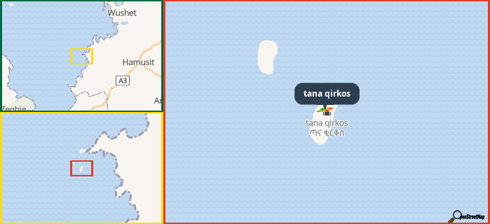 Map showing the address of tana qirkos in three different zoom levels.
