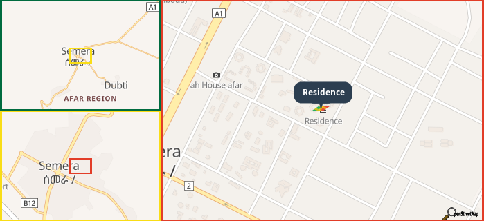 Map showing the address of Residence in three different zoom levels.