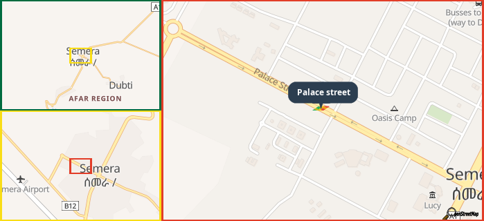 Map showing the address of Palace street in three different zoom levels.