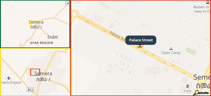 Map showing the address of Palace Street in three different zoom levels.