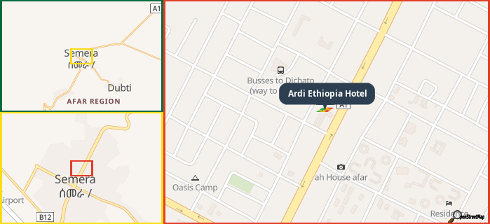 Map showing the address of Ardi Ethiopia Hotel in three different zoom levels.