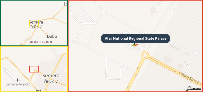 Map showing the address of Afar National Regional State Palace in three different zoom levels.