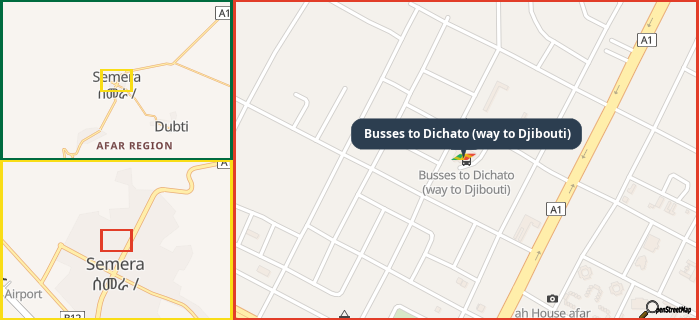 Map showing the address of Busses to Dichato (way to Djibouti) in three different zoom levels.
