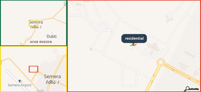 Map showing the address of residential in three different zoom levels.