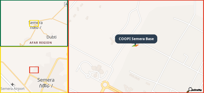 Map showing the address of COOPI Semera Base in three different zoom levels.