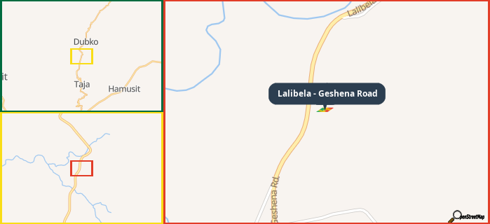 Map showing the address of Lalibela - Geshena Road in three different zoom levels.