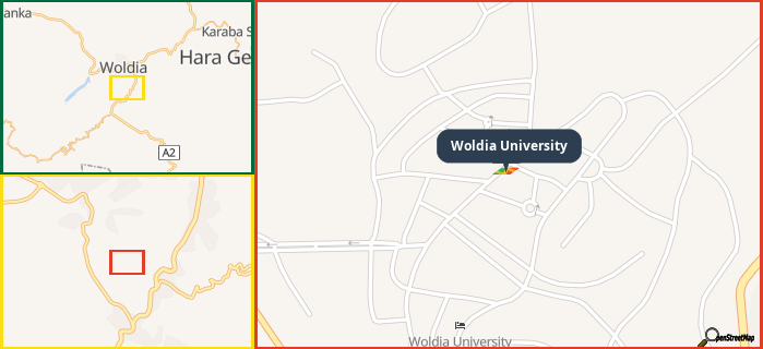Map showing the address of Woldia University in three different zoom levels.