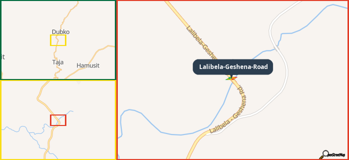 Map showing the address of Lalibela-Geshena-Road in three different zoom levels.