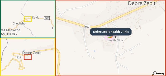 Map showing the address of Debre Zebit Health Clinic in three different zoom levels.