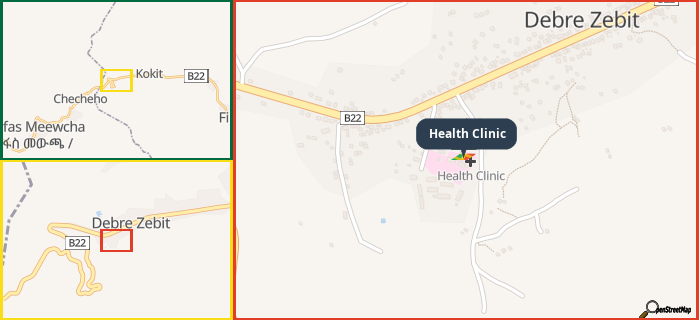 Map showing the address of Health Clinic in three different zoom levels.