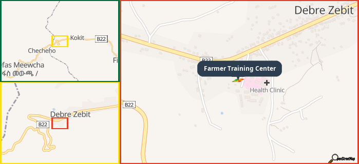 Map showing the address of Farmer Training Center in three different zoom levels.