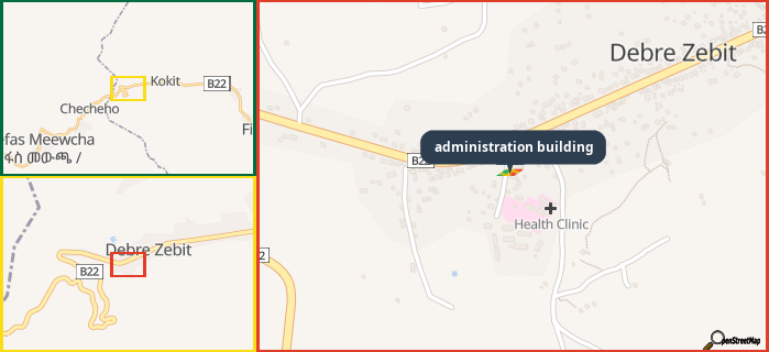 Map showing the address of administration building in three different zoom levels.