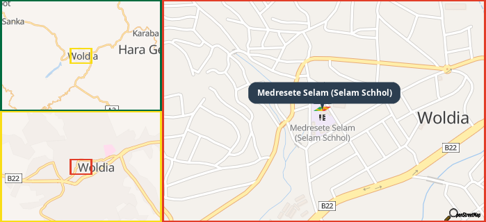 Map showing the address of Medresete Selam (Selam Schhol) in three different zoom levels.