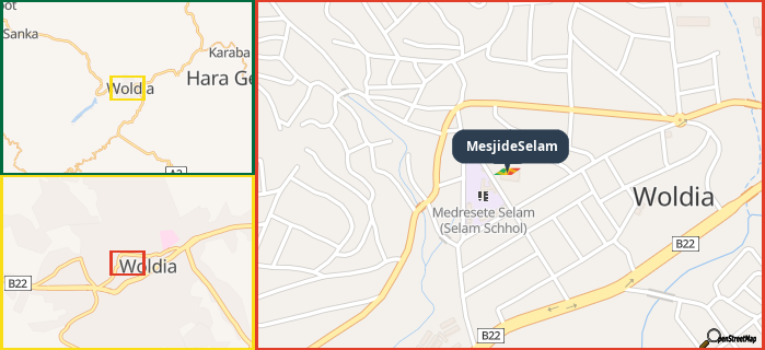 Map showing the address of MesjideSelam in three different zoom levels.