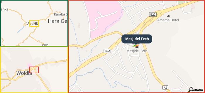 Map showing the address of Mesjidel Feth in three different zoom levels.