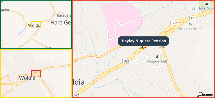 Map showing the address of Haylay Nigusse Pension in three different zoom levels.