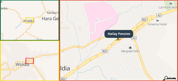 Map showing the address of Hailay Pension in three different zoom levels.