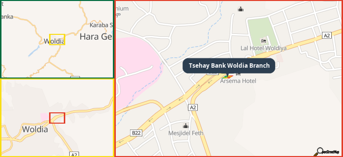 Map showing the address of Tsehay Bank Woldia Branch in three different zoom levels.