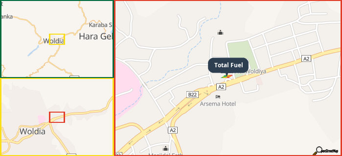 Map showing the address of Total Fuel in three different zoom levels.