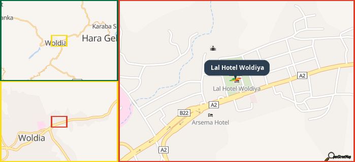 Map showing the address of Lal Hotel Woldiya in three different zoom levels.