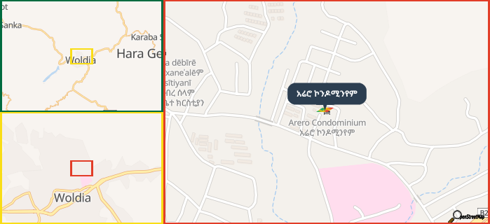 Map showing the address of አሬሮ ኮንዶሚንየም in three different zoom levels.