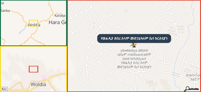 Map showing the address of የወልዲያ ደብረ ሰላም መድኃኔዓለም ቤተ ክርስቲያን in three different zoom levels.