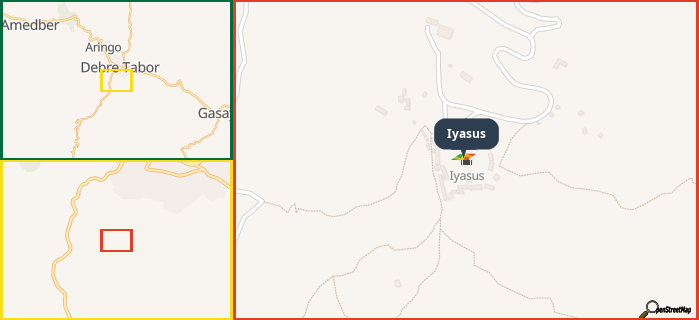 Map showing the address of Iyasus in three different zoom levels.