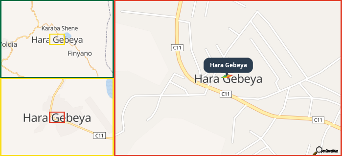 Map showing the address of Hara Gebeya in three different zoom levels.