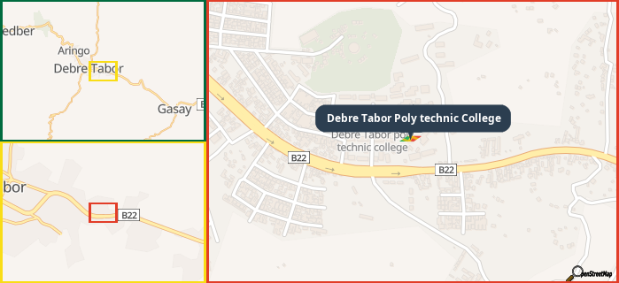 Map showing the address of Debre Tabor Poly technic College in three different zoom levels.