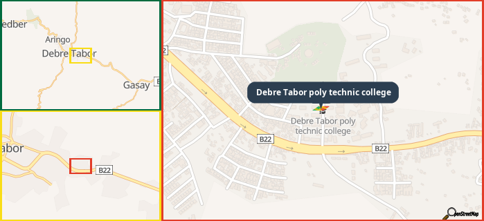 Map showing the address of Debre Tabor poly technic college in three different zoom levels.