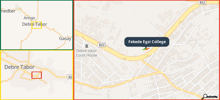 Map showing the address of Fekede Egzi College in three different zoom levels.