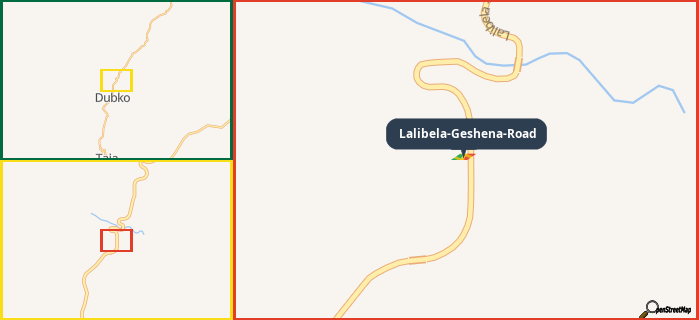 Map showing the address of Lalibela-Geshena-Road in three different zoom levels.