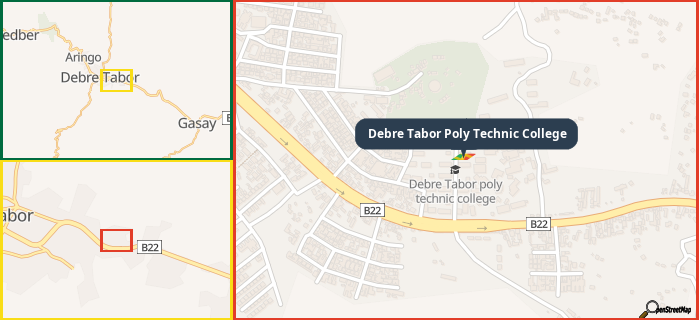 Map showing the address of Debre Tabor Poly Technic College in three different zoom levels.