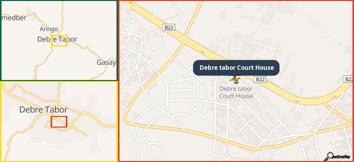 Map showing the address of Debre tabor Court House in three different zoom levels.